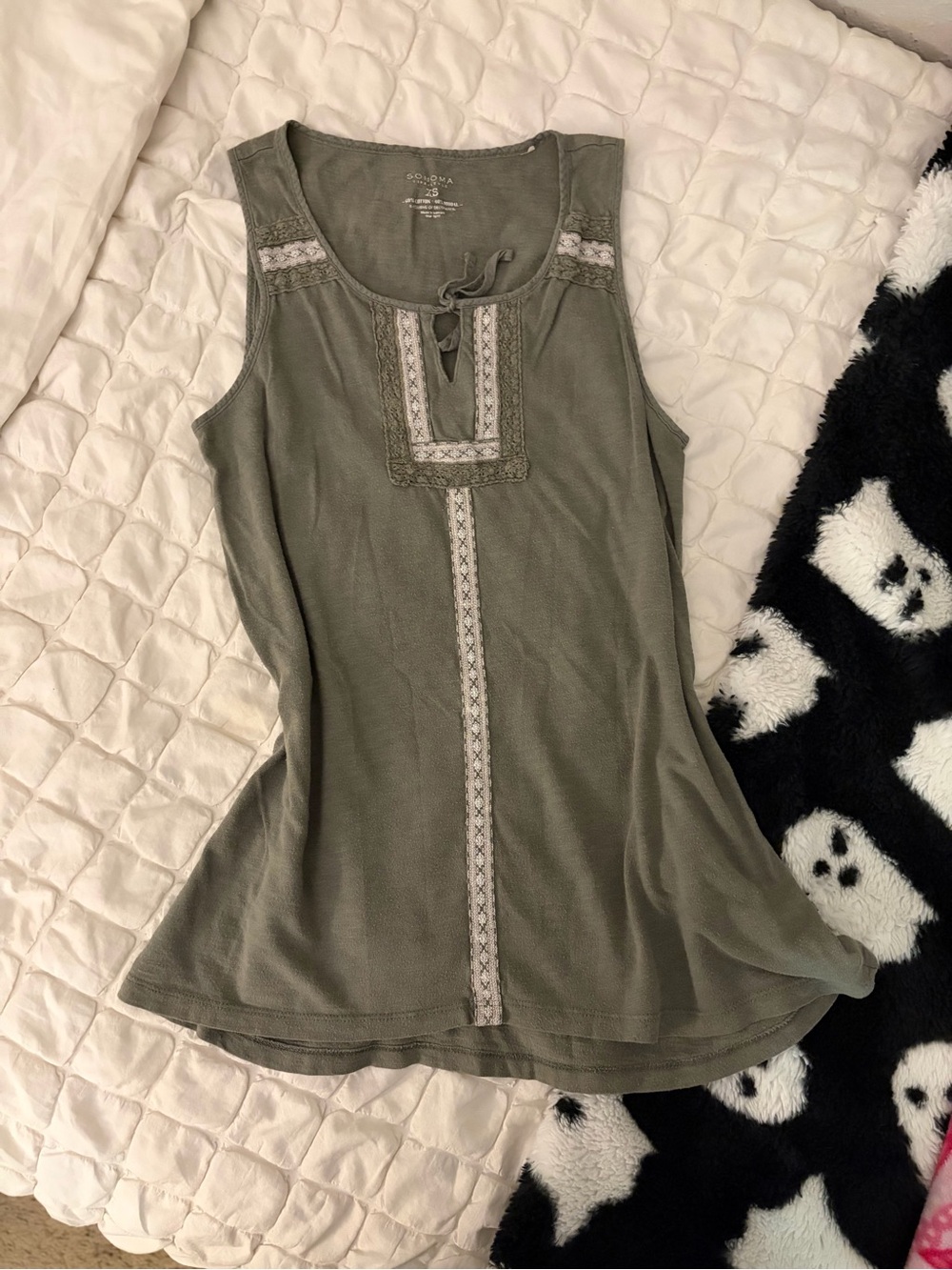 Vintage Y2K Sonoma Olive Green Boho Lace Trim Tie Neck Tank Top - XS